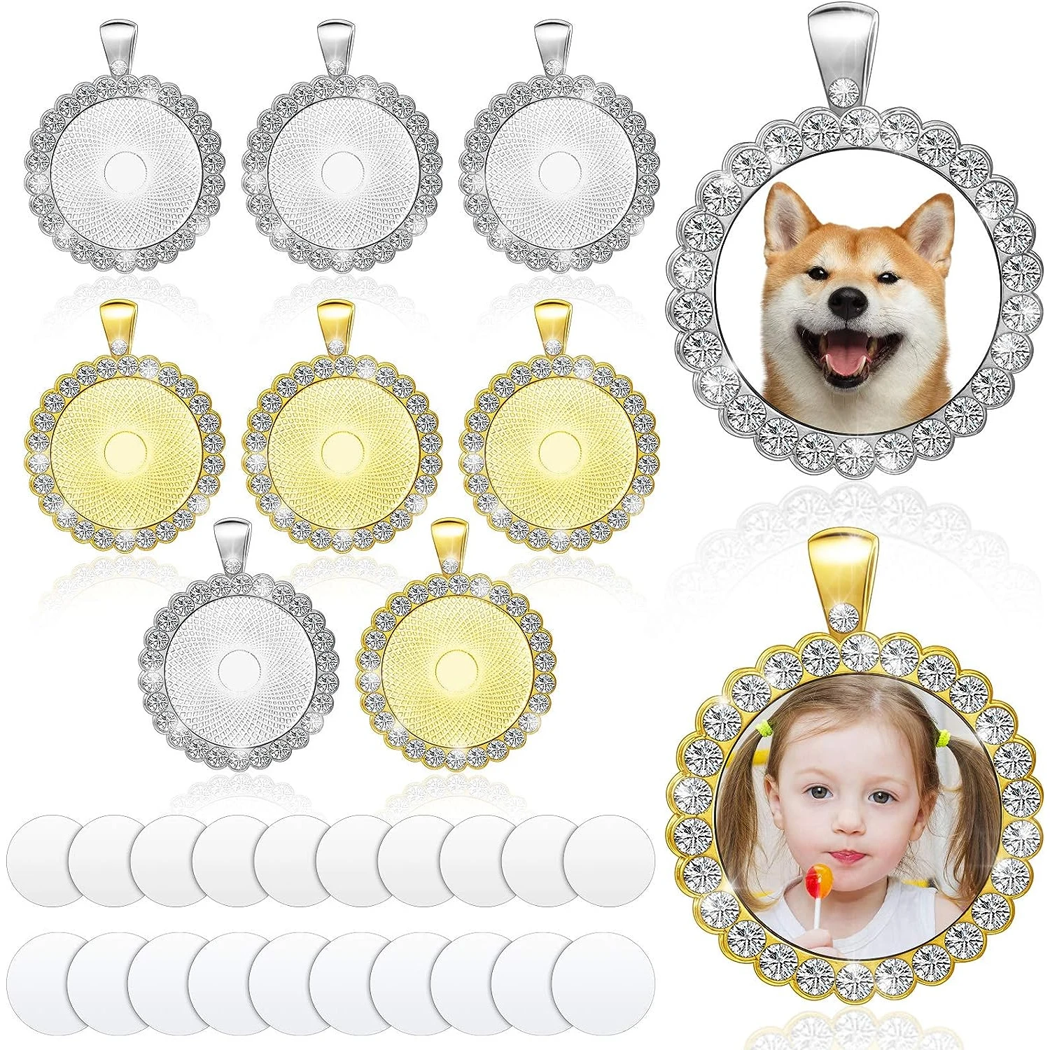 10 pack Sublimation Rhinestone Bezel Pendant Trays Cabochons Bezels Pendant with Sublimation Blank Disc and Double Side Tape