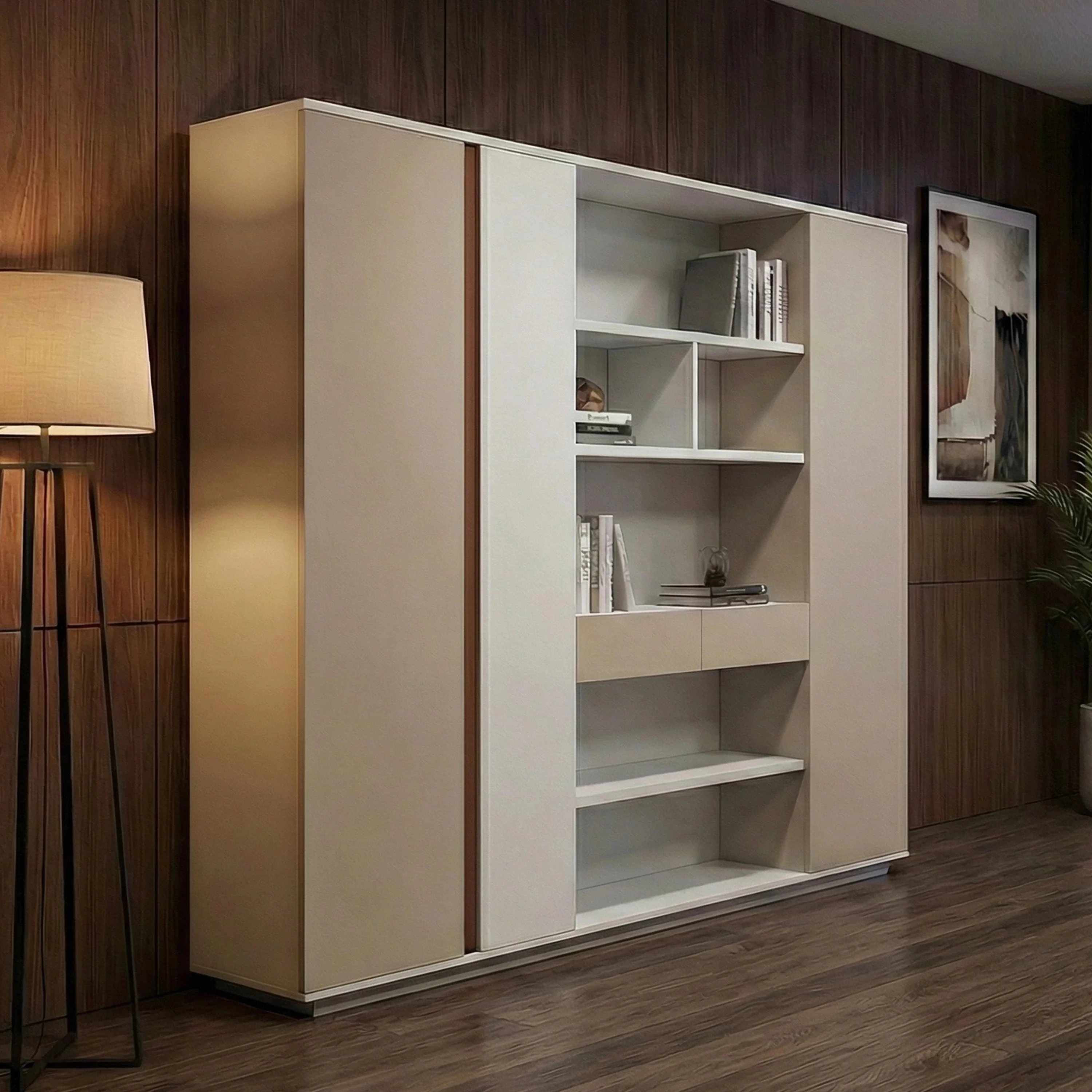 ！@Modern Home & Office Executive Desk with Built-in Pedestal File Cabinet Durable Wood Construction Large Capacity Storage