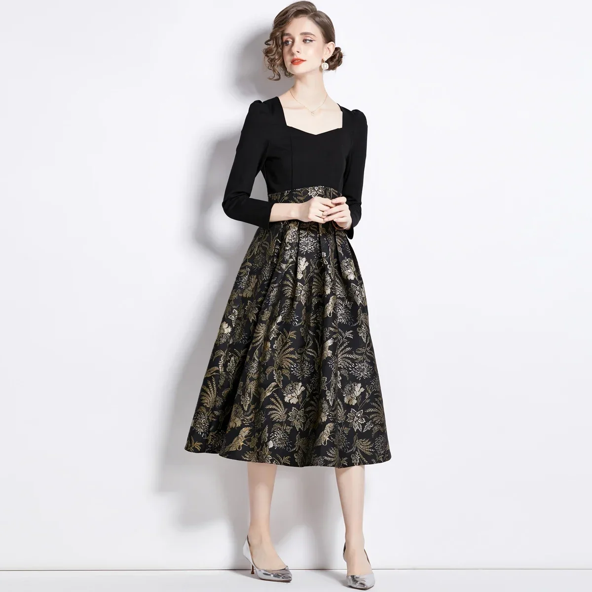 Autumn and Winter High-quality Black Jacquard Mid-length Skirt Temperament Dress New