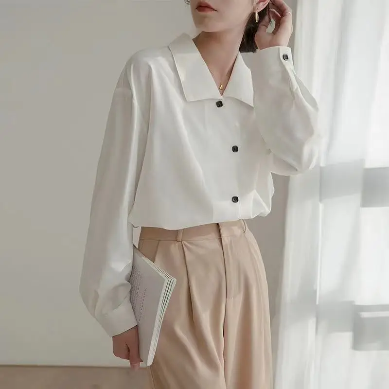 Spring Summer Simplicity Buttons White Shirts Ladies Fashion Irregular Turn-down Collar Long Sleeve Blouse Women\'s Clothing Tops