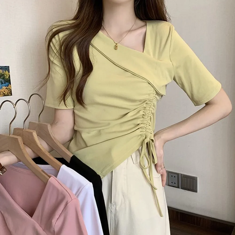 

Women's Irregular Slim Square Collar Short Sleeve T-shirt Women Drawstring Pleated Design Asymmetric Top Fashion Streetwear Tees