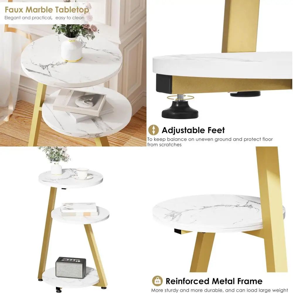 

Круглый приставной столик с мраморной столешницей и металлическим каркасом, 3-ярусная маленькая прикроватная тумбочка для гостиной или спальни, высокая золотисто-белая подставка KTZ41