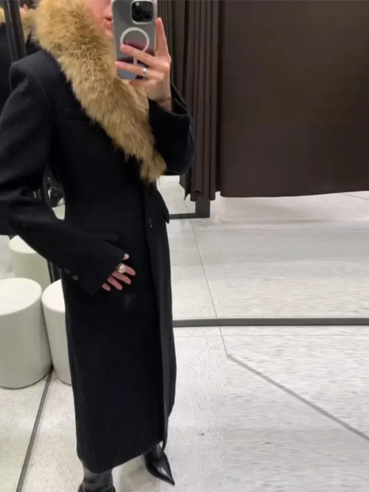 Cappotti lunghi in misto lana da donna Collo in pelliccia Nuove giacche Capispalla moda ingombranti in vita Inverno Donna elegante Abbigliamento casual quotidiano