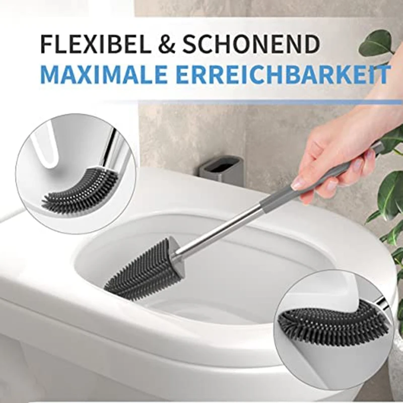 Premium Silicone Toilet Brush - Grey - Toilet Brush Holder With Wall Mounting & Turbo Drying