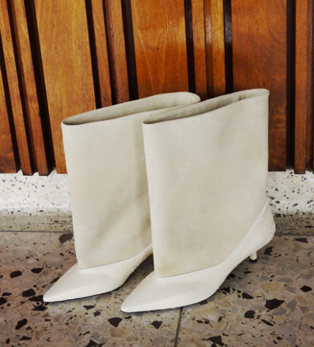 Beige Two-Tone Stiletto Heel Ankle Boots Snake Scale Upper Soft Suede Shoe Top Pointed-Toe Elegant Lady Boots for Casual Looks