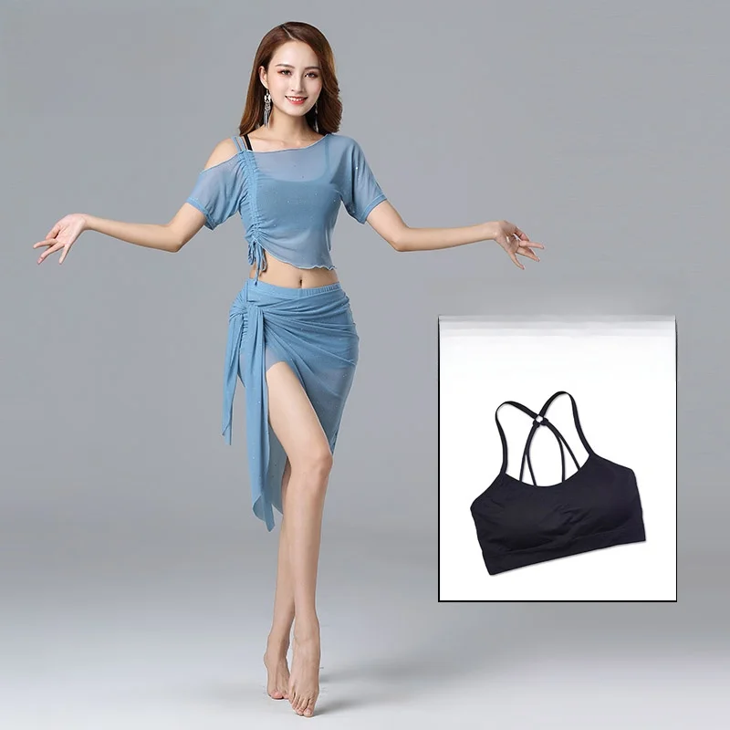 

Женский комплект для занятий танцами живота: сексуальный костюм с юбкой для начинающих, весна-лето, средней длины, для тренировок