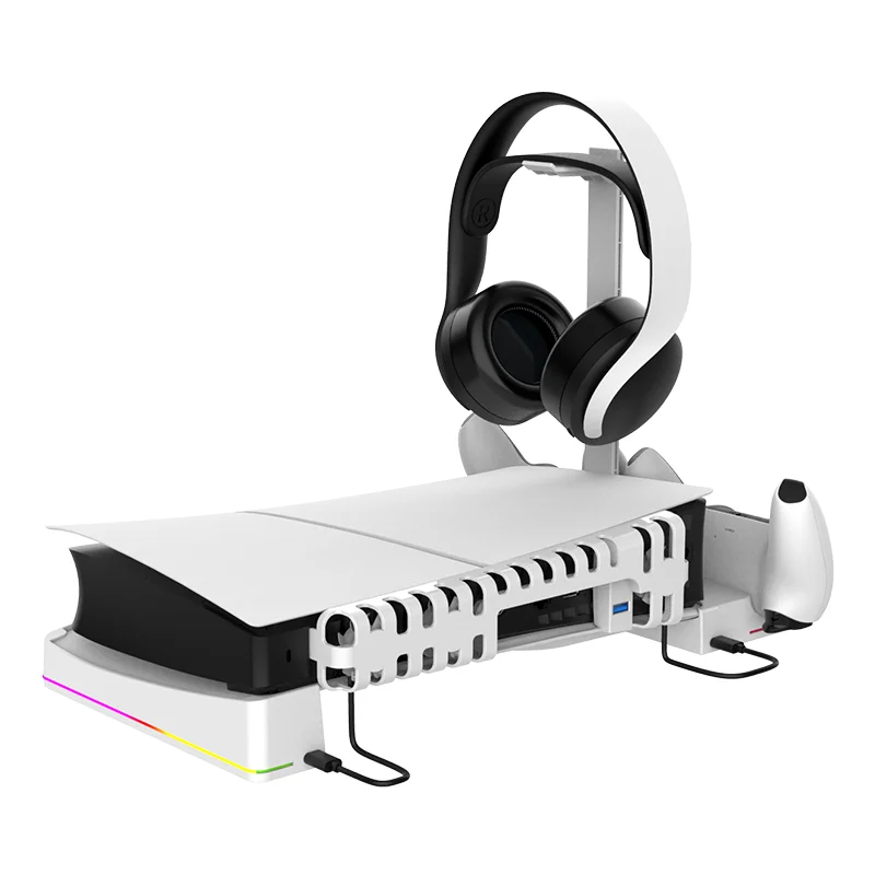 PG-P5S039 for PS5 Pro/ slim host horizontal stand with cooling fan P5 handle dual seat charging headphone bracket with RGB light