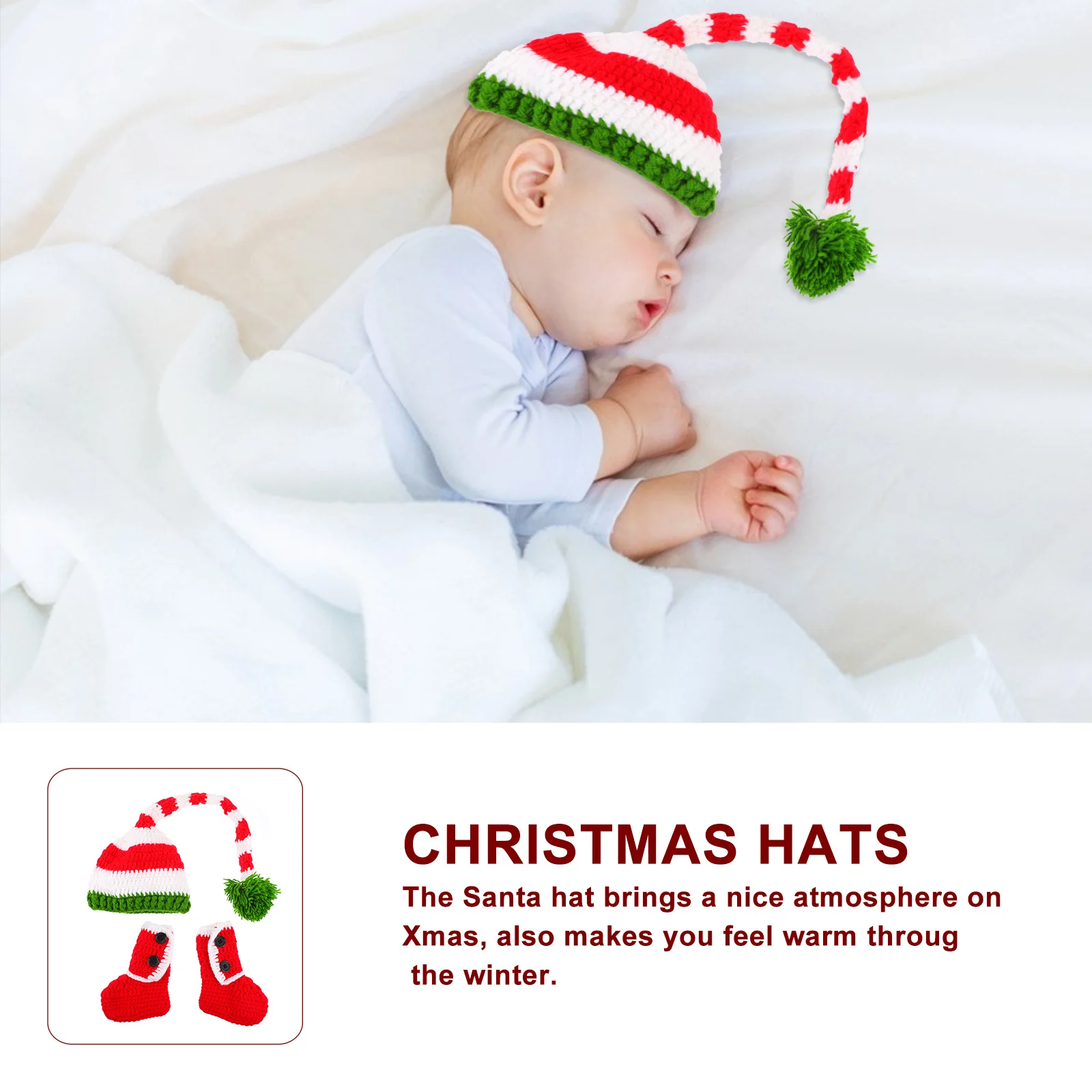 

1 комплект детского вязаного крючком костюма, длинные шапки с хвостом, красная, белая, зеленая шапка с помпоном Санта-Клауса, реквизит для фотосъемки новорожденных, зимняя теплая вязка