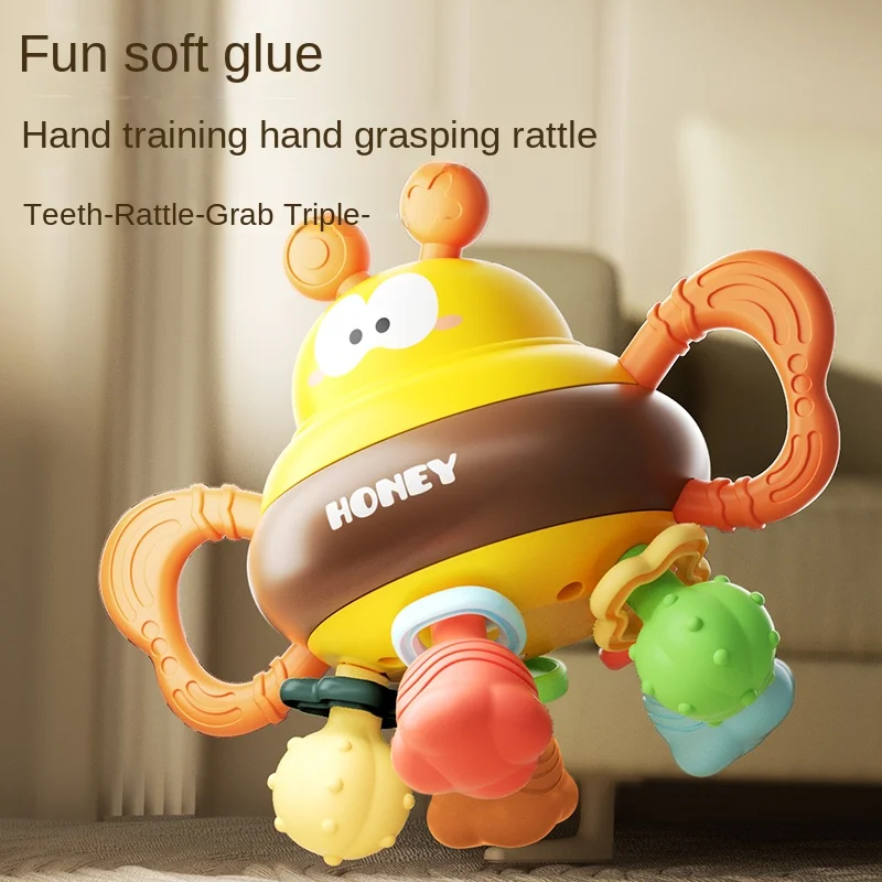 Baby Cartoon Bee Manhattan Busy Ball 3-in-1 Baby Gripping Ball Teeth Grinding Soft Rubber Soothing Ringing Toy