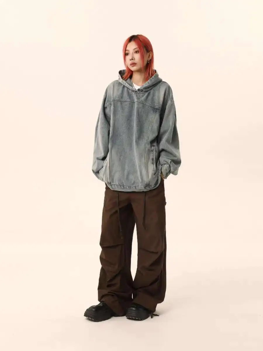 

Vintage Washed Hooded Denim Hoodie For Men And Women Autumn American Street Coat Loose Couple Jacket For Men And Women