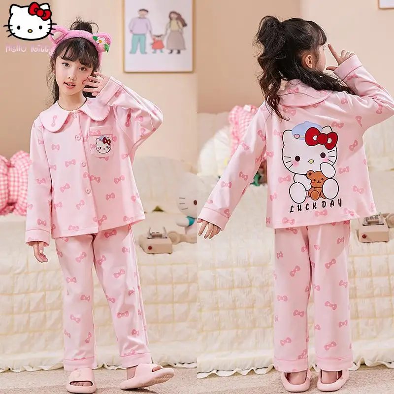 

New Cartoon Anime Girl Clothing Hello Kitty Doll Collar Long Sleeved Pajamas Set Kawaii Spring Autumn Sanrio Student Home Clothe