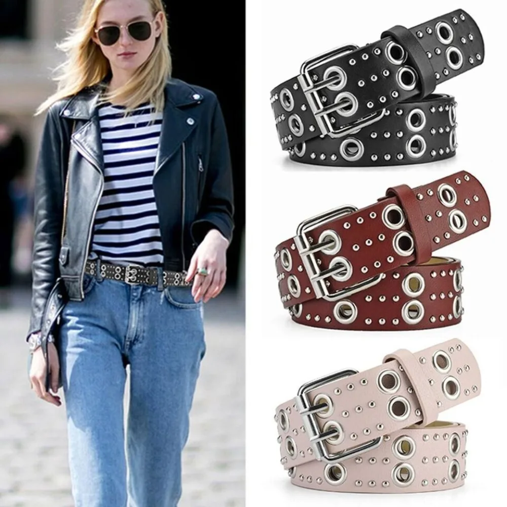 

Punk Hollow Rivet Waistband New Hip Hop Style PU Leather Double Row Needle Buckle Belt High-quality Waist Belt Versatile