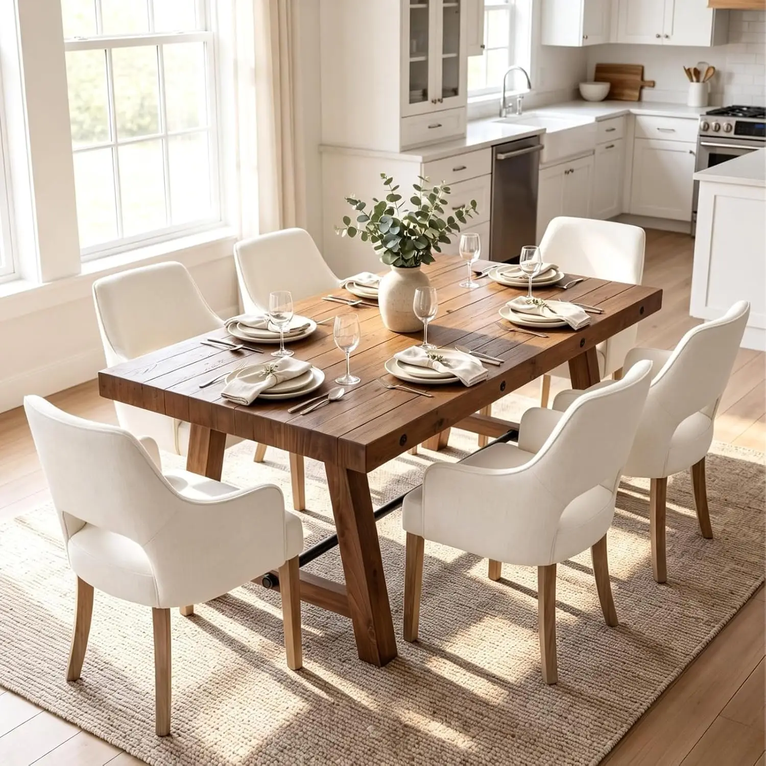 Dining Room Table Set for 6, 59" Reclaimed Wood Dining Table with Upholstered Chairs, 7 Piece Kitchen Table and Chairs, Farmhous