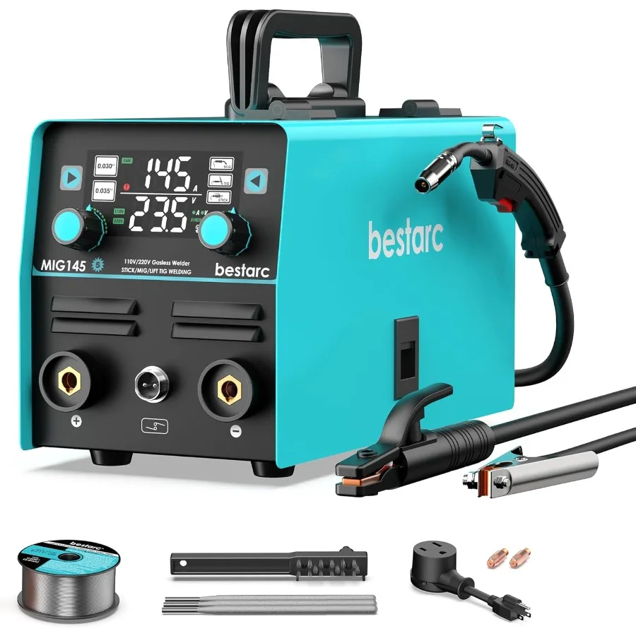 

145A MIG Welder 110V/220V Gasless Flux Core MIG Welder with Lift TIG and Stick Functionality 3-in-1 Synergic MIG145 5GE