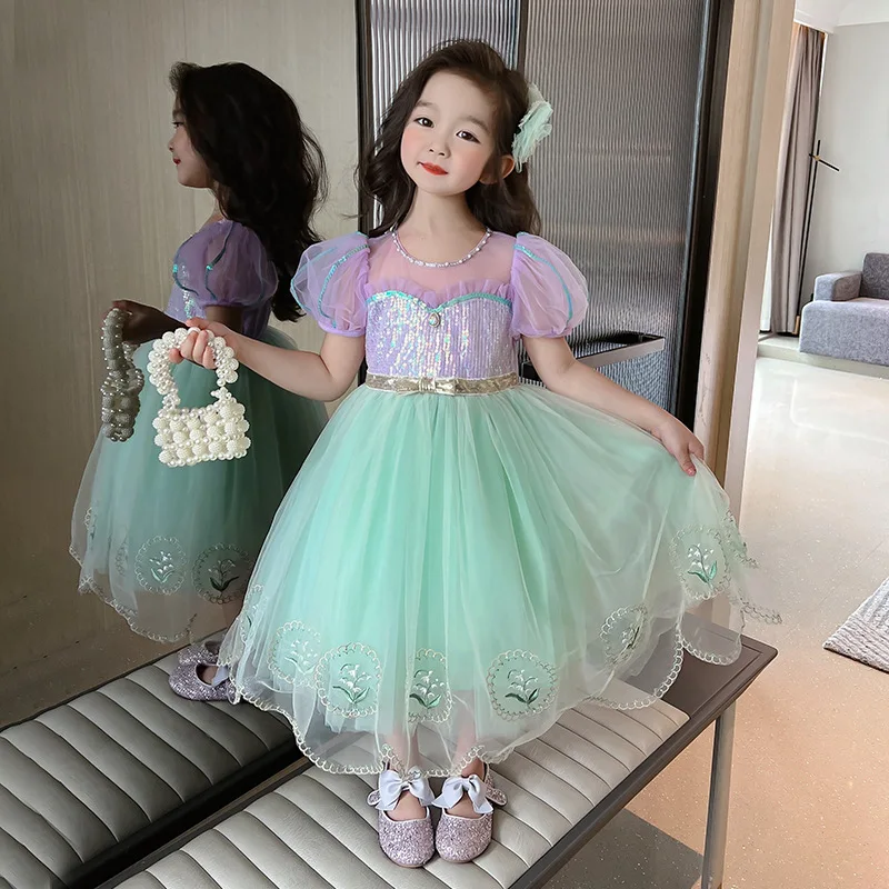 Girls' Dress 2024 Summer New Children's Mesh Princess Dress Kindergarten Baby Short sleeved Sweet and Fashionable Skirt