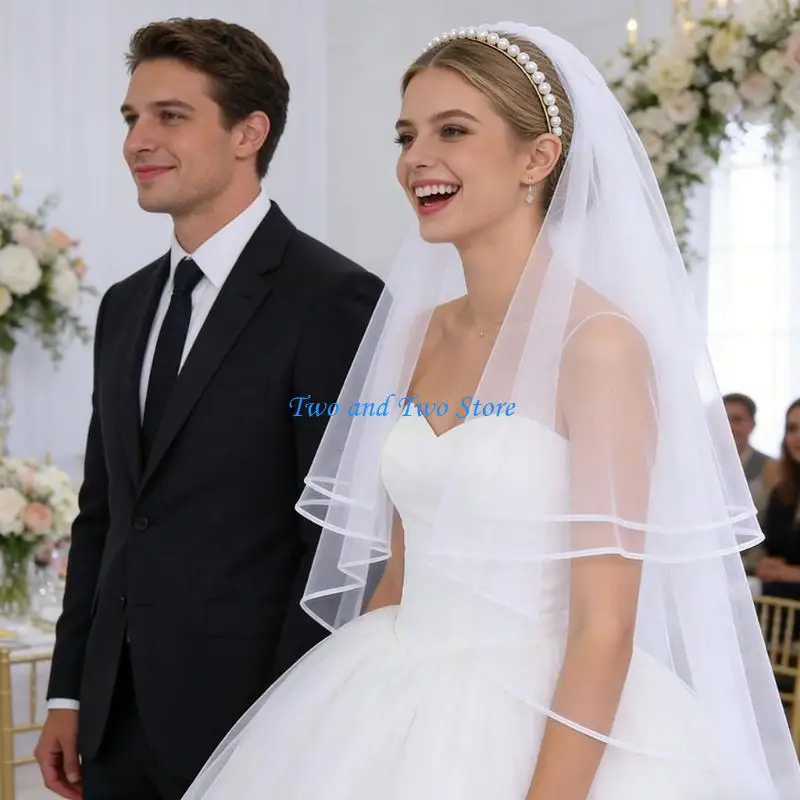 HX6F Delicate Pearls Headband Attached Veil Props Perfect For Bride And Event White
