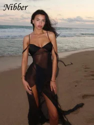 Nibber Mesh See Through Maxi Dresses Women Solid Sexy Ribbons Suspendency Side Splited Attractive Vestidos Female Holiday Robe