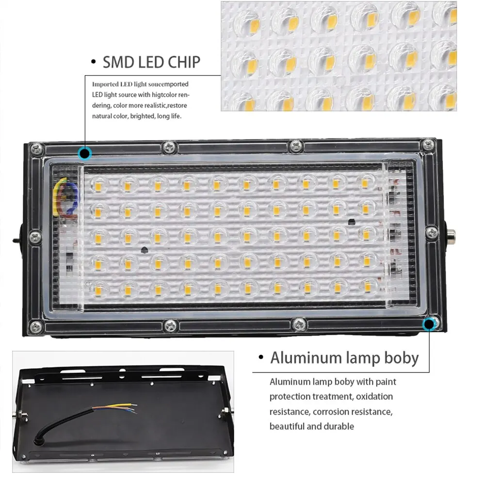 50W LED Flood Light IP65 Waterproof Outdoor Spotlight Wall Lamp with Reflector, Exterior Projector Lighting