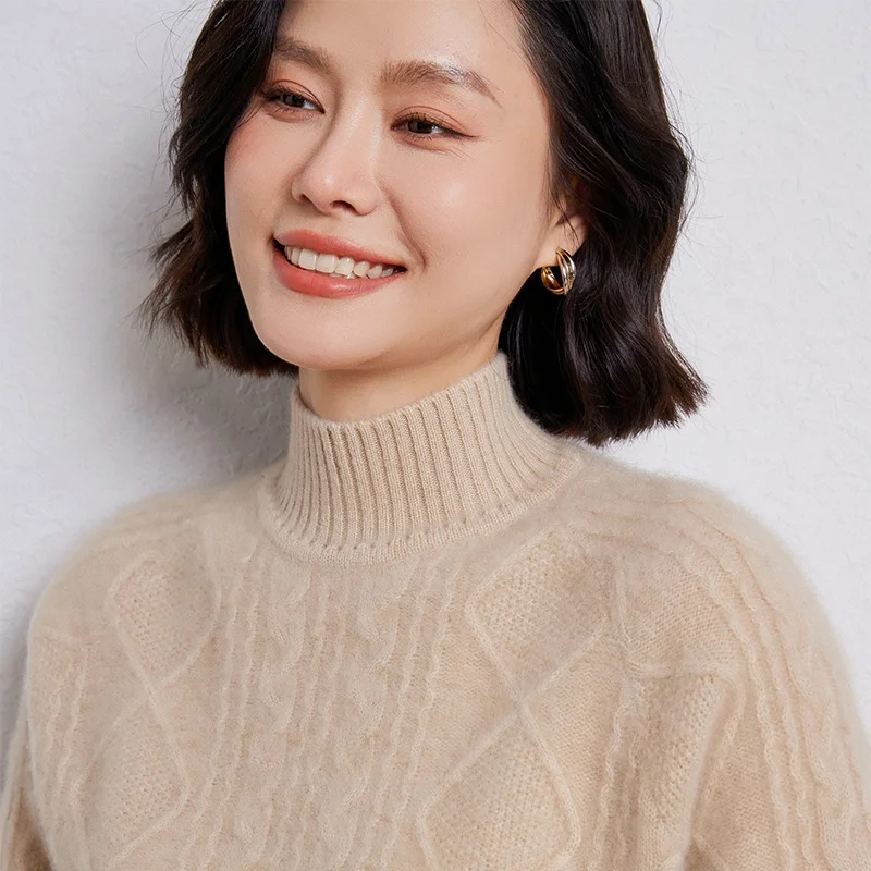 Damen-Pullover aus Wolle für den Herbst, langärmeliger, halbhoher Ausschnitt, Strickmuster-Pullover, lockeres und weiches, hochwertiges Oberteil