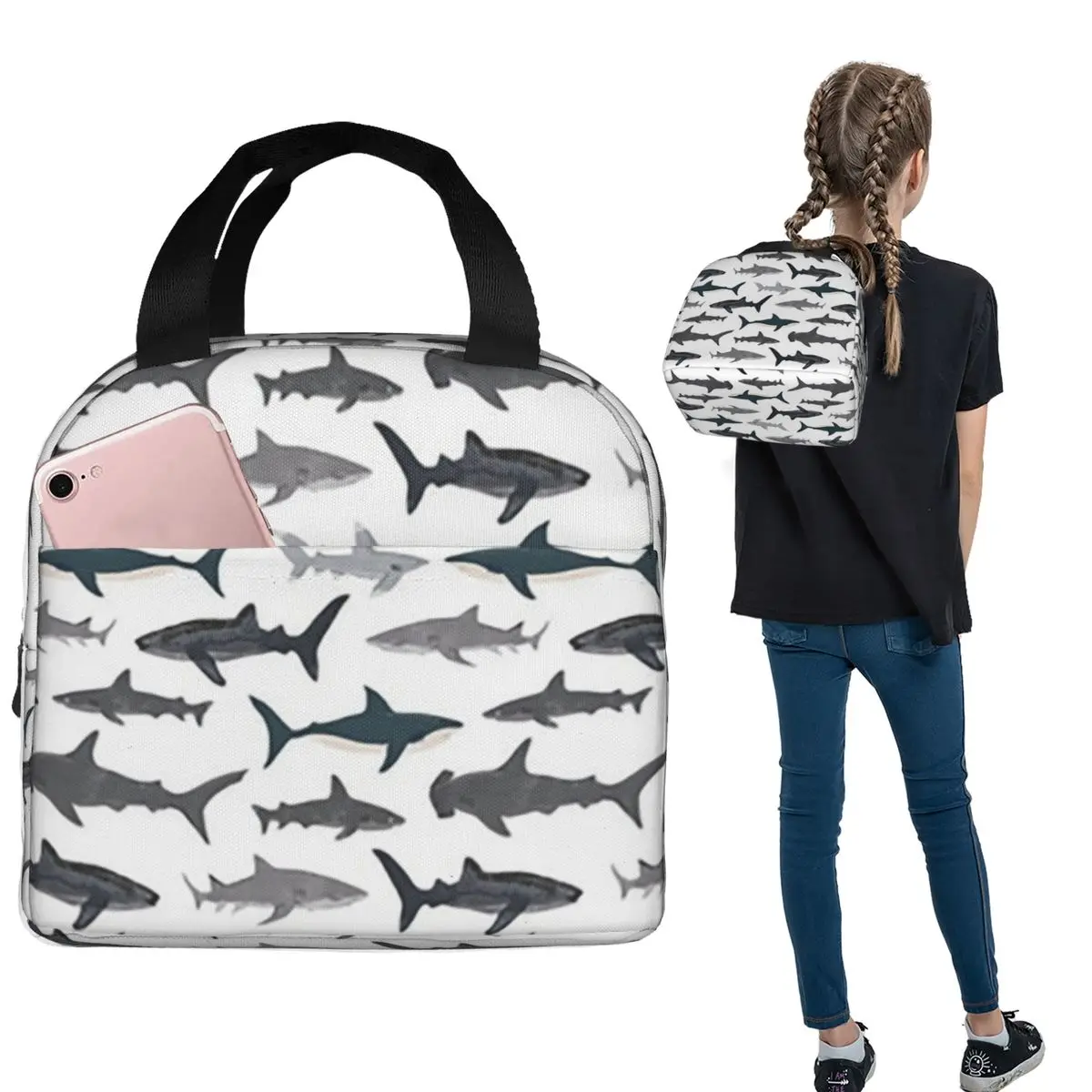 

Сумки для обеда с изображением акулы, изолированная коробка для бенто, портативная сумка для обеда, герметичные сумки для пикника для женщин и детей, офиса