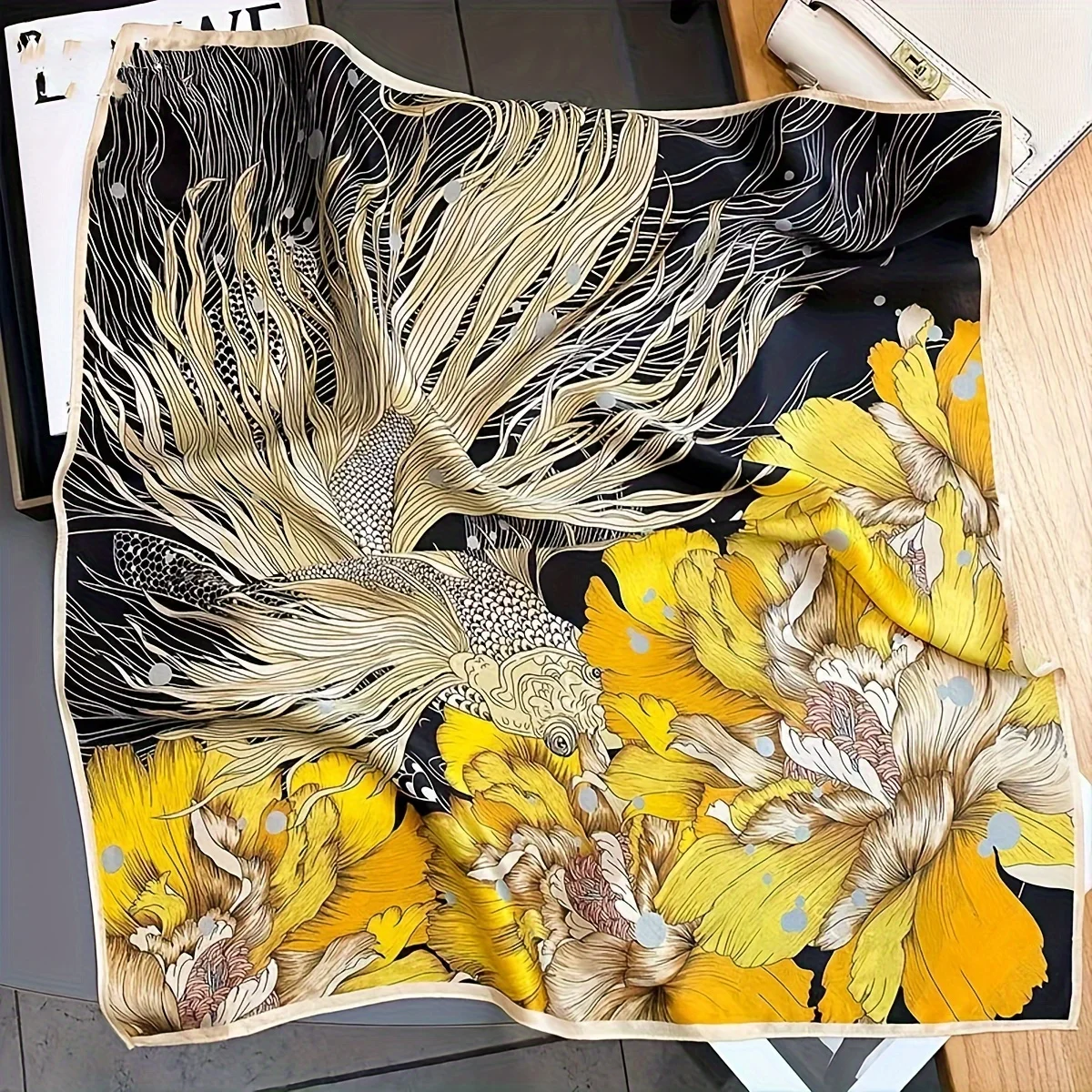 Vintage Koi-Fisch-Druck, quadratischer Schal für Damen, weiches Satin, Bandana, Seidenimitat, Schal, Reise-Strandtuch, Hals-Accessoire