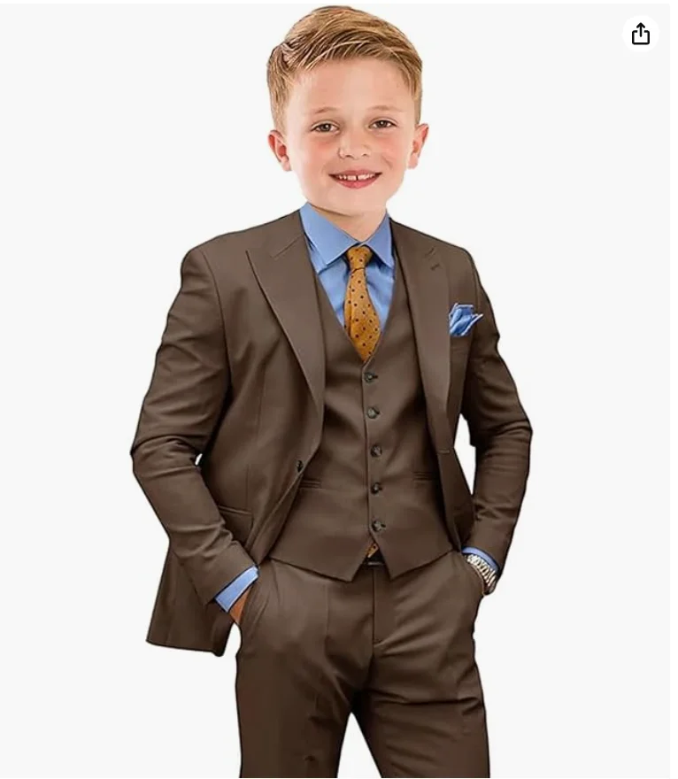 

Brown Boys Suit Formal Business Jacket Pants Vest Kids Wedding Tuxedo 3 Piece Set Fashion Custom Clothes 2-16 years old