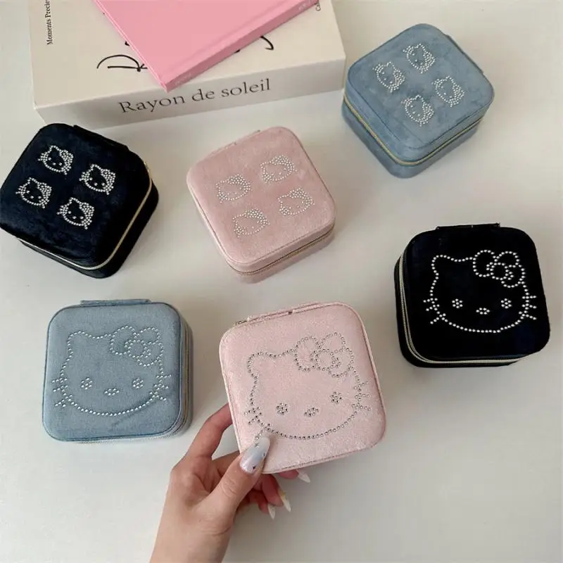 

Новинка, кавайная шкатулка для хранения Sanrio Hellokitty, шкатулка для хранения ювелирных изделий, бархатная шкатулка для хранения на молнии, мультяшный подарок для девочек