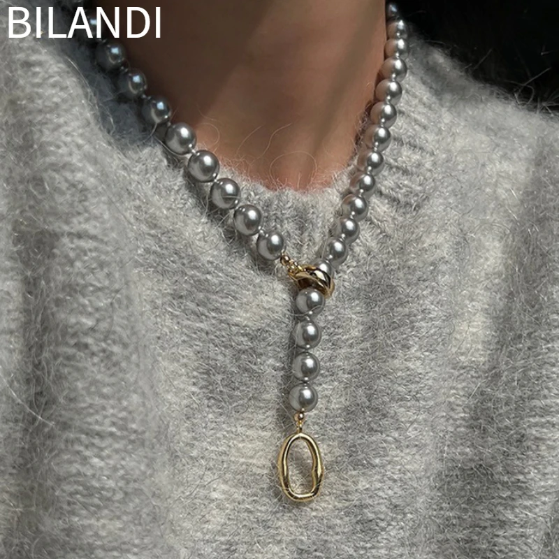 Bilandi Fashion Jewelry Grey Simulated Pearl Necklace Elegant Temperament Hot Sale One Layer Bead Necklace For Women Female Gift