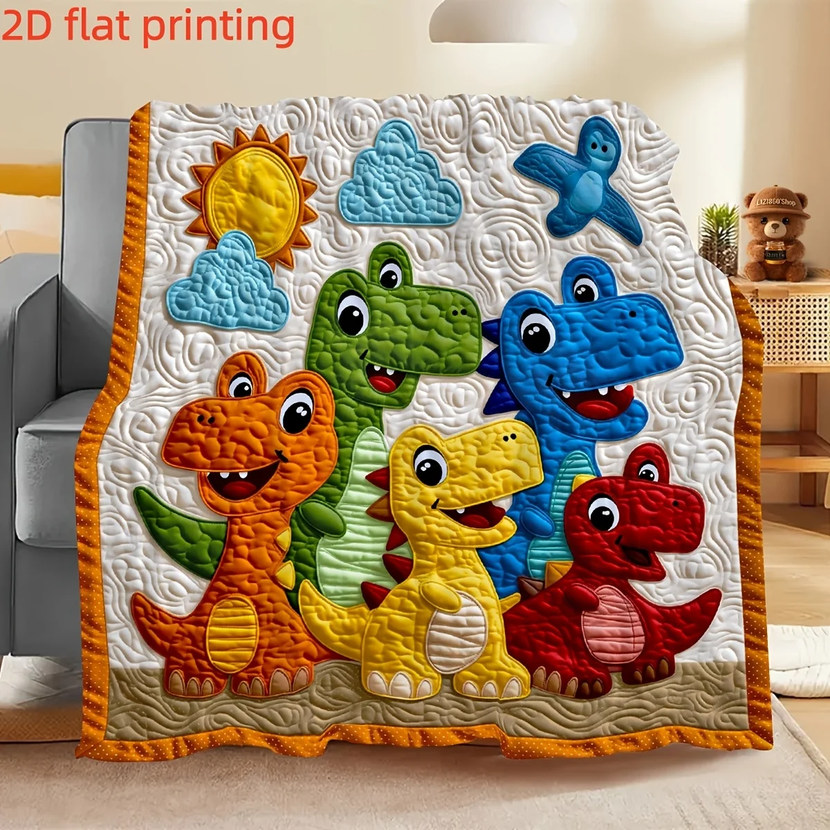 Flat/2D Digital Print Colorful Cute Dinosaur Themed Flannel Throw Blanket, Soft, Warm, and Comfortable, Featuring Multi-Colored