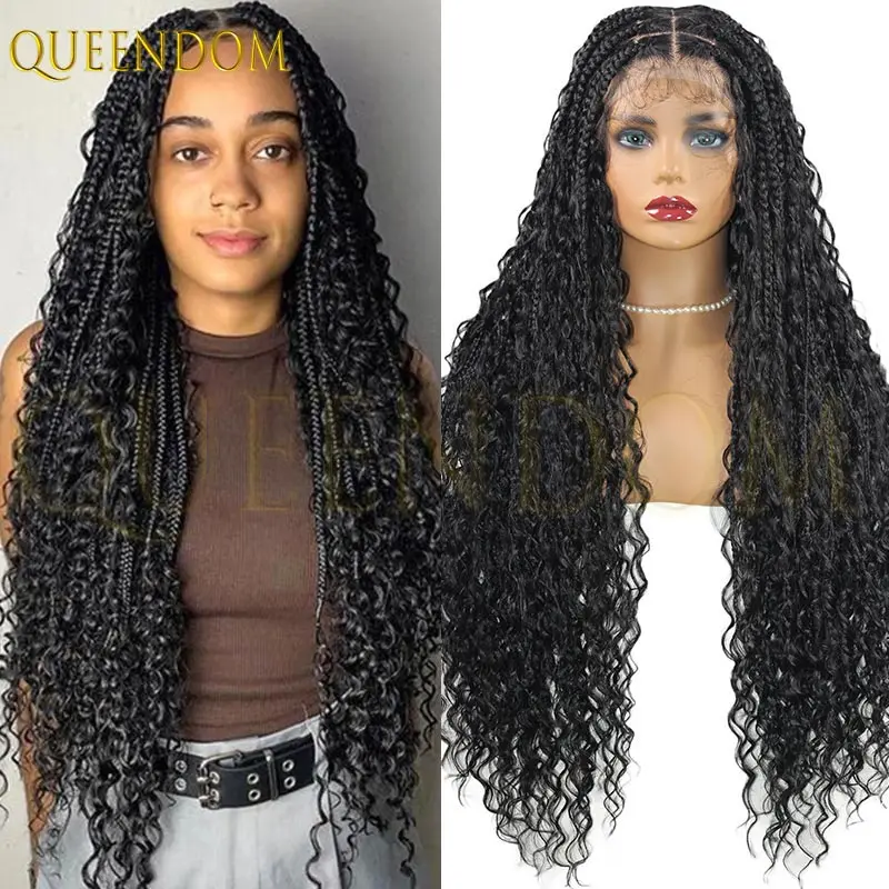 

32inch Bohemian Boho Box Braided Wig with Curly Synthetic Full Lace Front Wig for Black Women Goddess Locs Box Braid Hair Wig