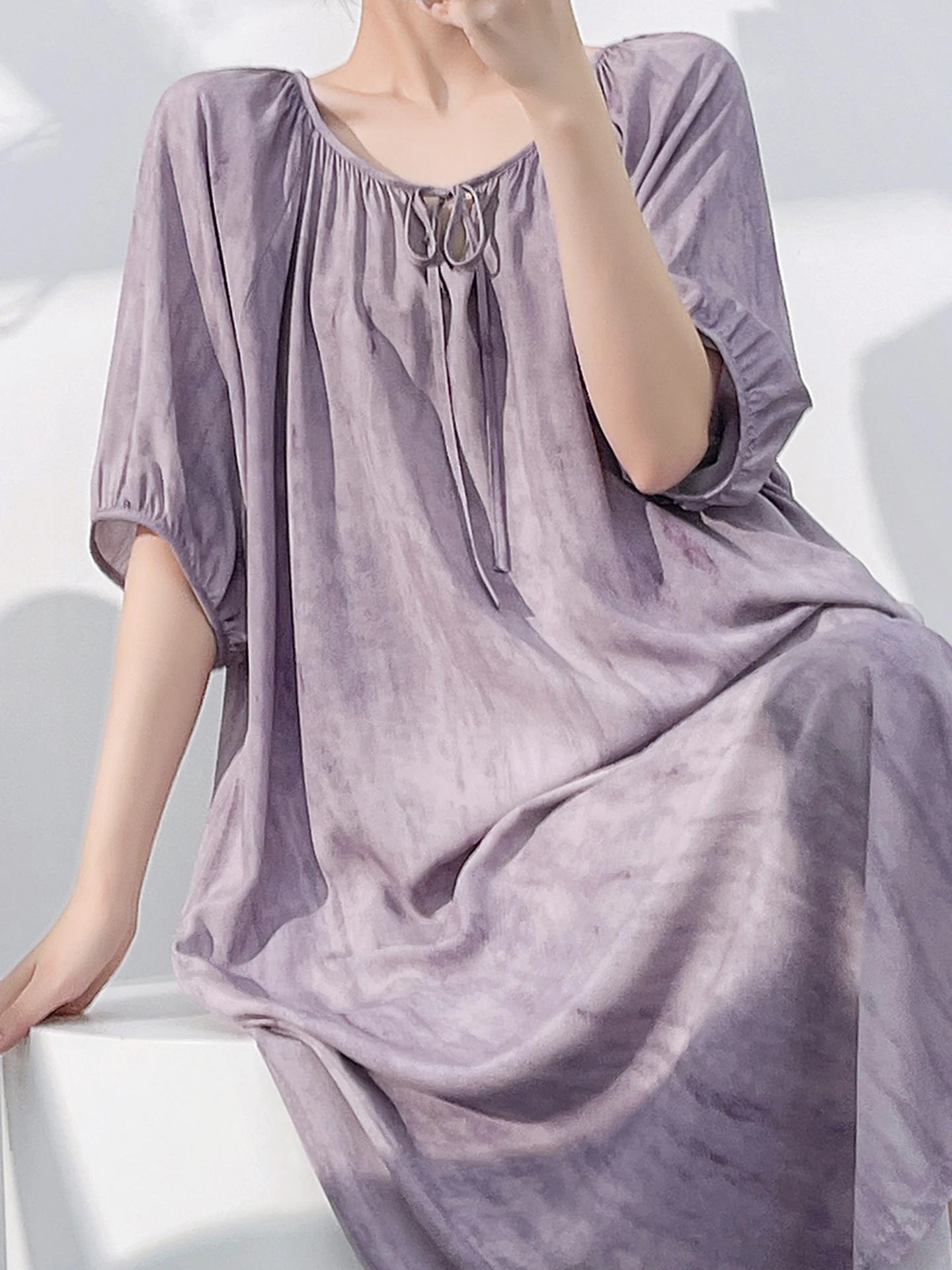 Summer Short Sleeve Silk Cotton Sleep Dress Women's Midi Length Light Purple Outwear Home Clothes Elegant Long Skirt