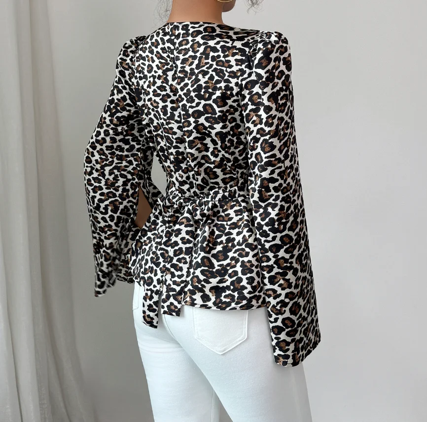 

Woman Blouse 2025 Spring Autumn New Fashion Leopard Print Cowl Neck Long Sleeved Lace Up Casual Ruched Daily Shirt