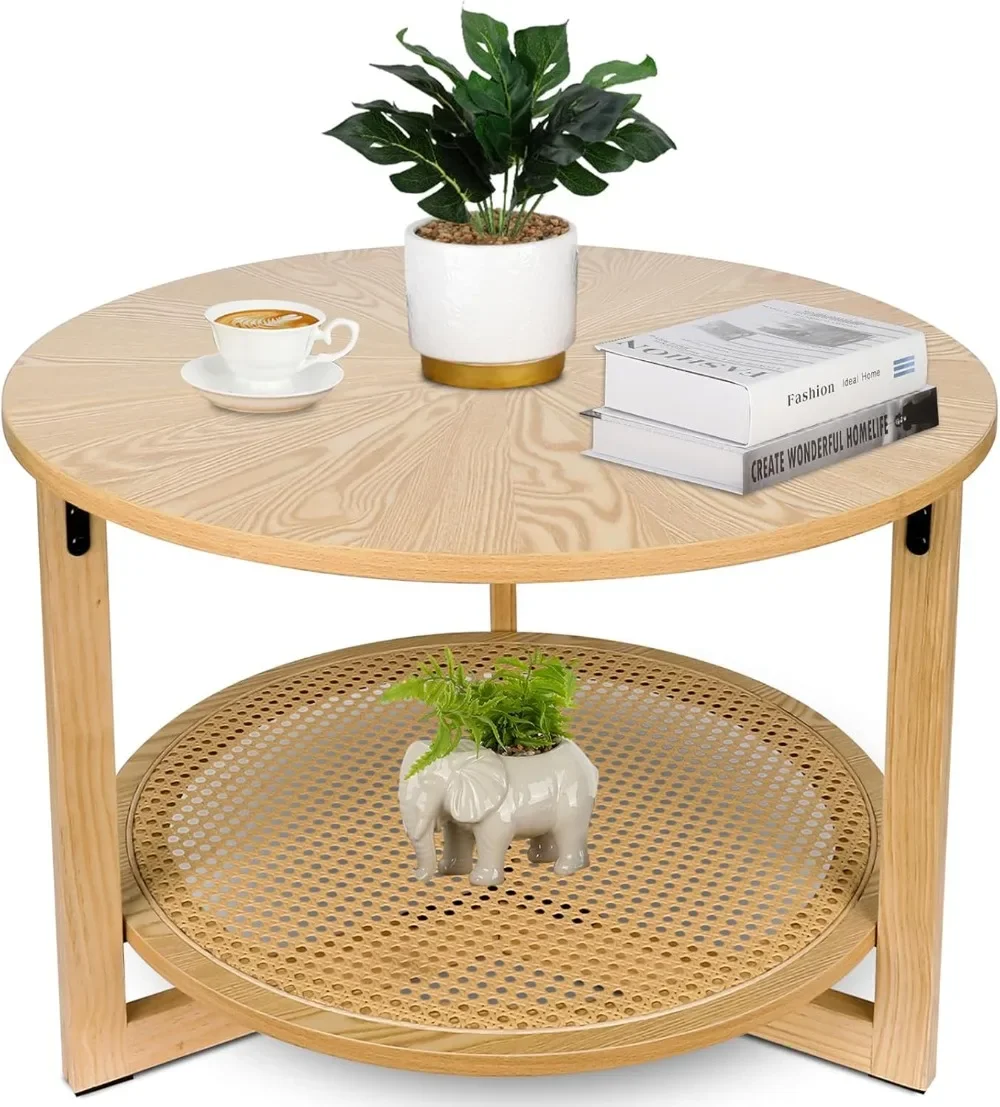 

Rattan Coffee Tables for Living Room, Small Coffee Table for Small Spaces, Round Coffee Table with Storage, Wooden Circle Center