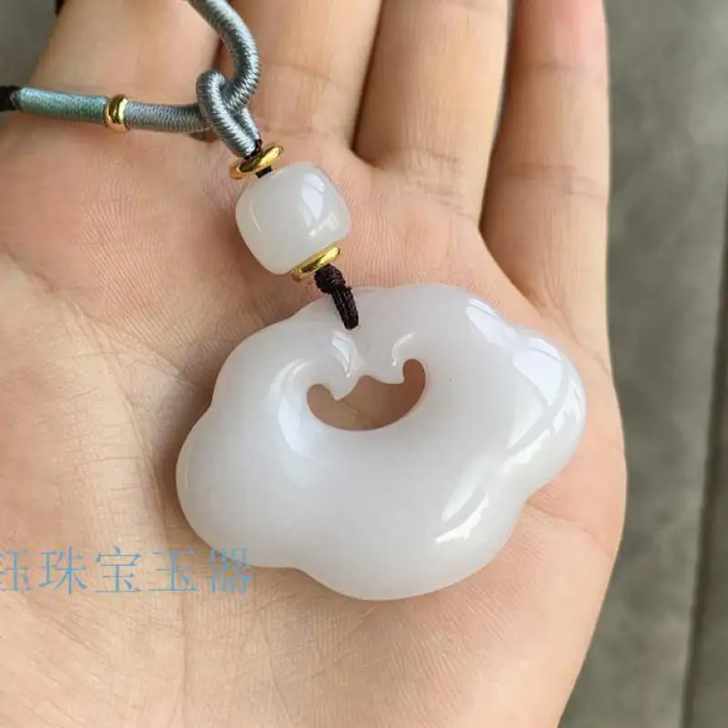 Natural Nephrite White Jade Cloud Charm Necklace Women Fine Jewelry Genuine Chinese Hetian Jade Longevity Lock Pendant Necklace