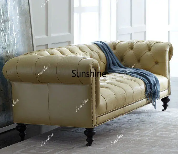 European neoclassical three-person sofa, villa microfiber leather living room furniture