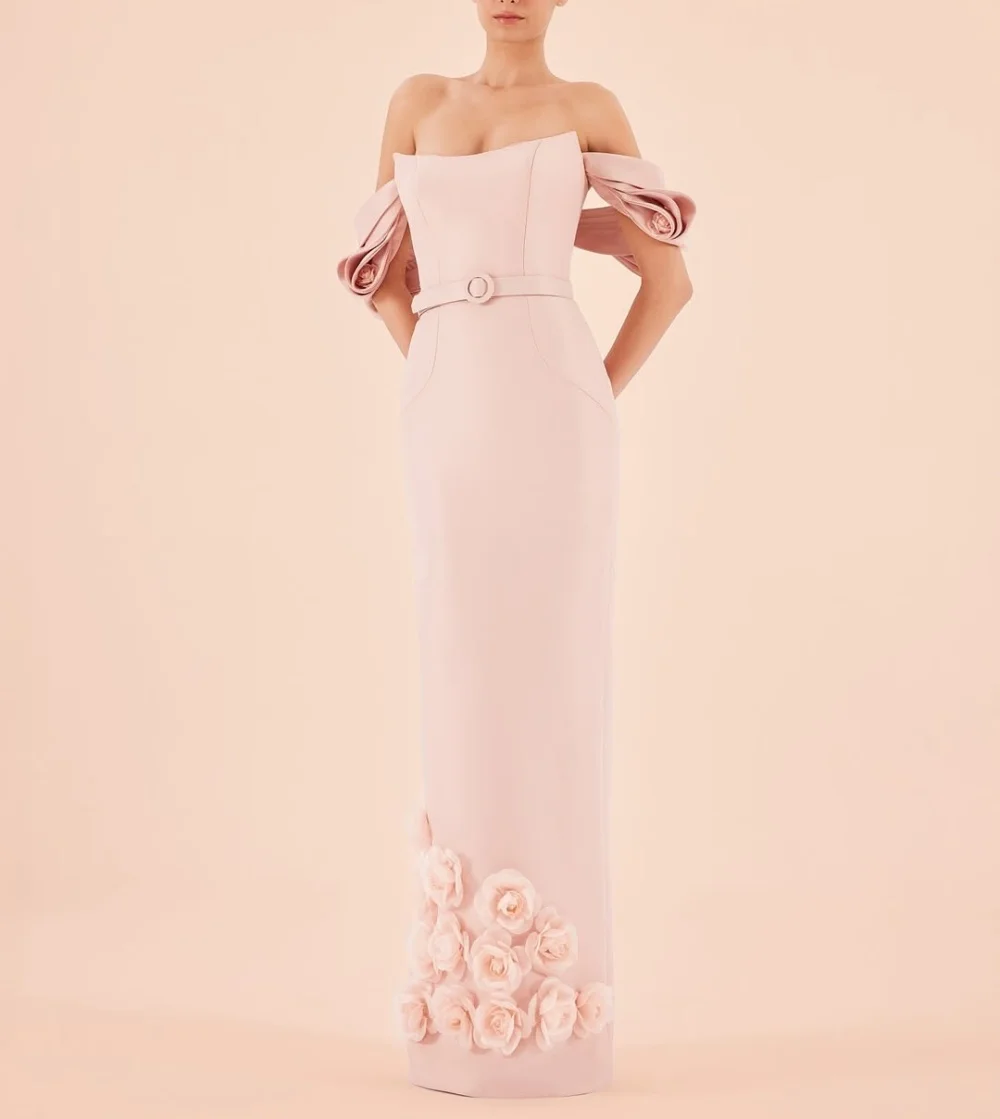 

Customized Jersey Flowers Pleat Off-the-shoulder Straight Long DressesBespoke Occasion Elegant Women's Evening Party Wedding