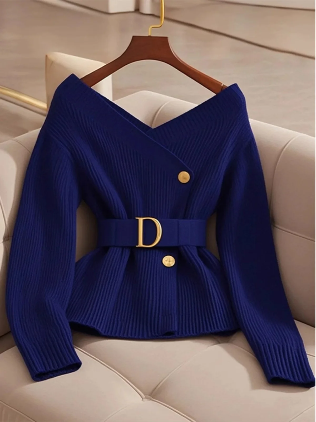 Stylish Blue Knitted Open Cardigan Women's Fashionable Unique Design High-End Feeling Comfortable Korean Lazy Style Autumn Wear