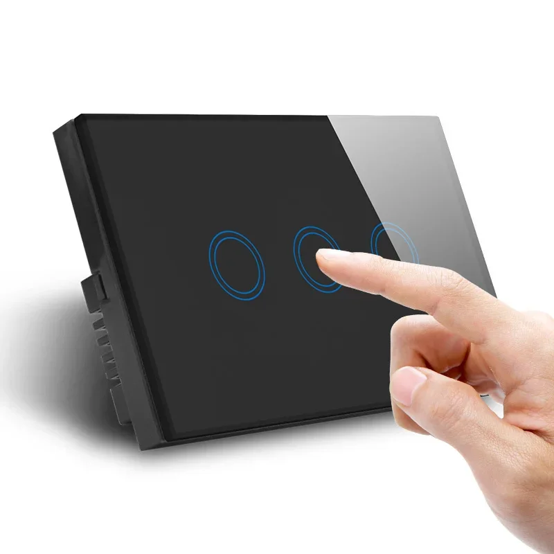 AU/US standard Wall Touch Screen Control Switch, 3-gang 1way, AC 110~240V, White Crystal Glass Panel 600W/Gang Hi-US03W