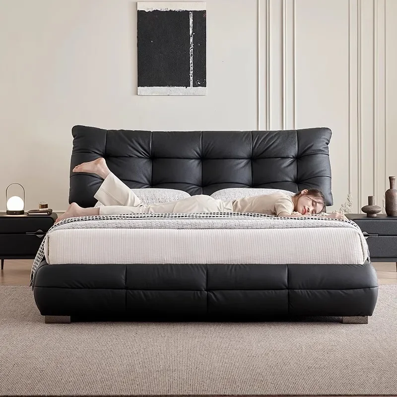 Big black bear leather bed modern simple small apartment first layer cowhide