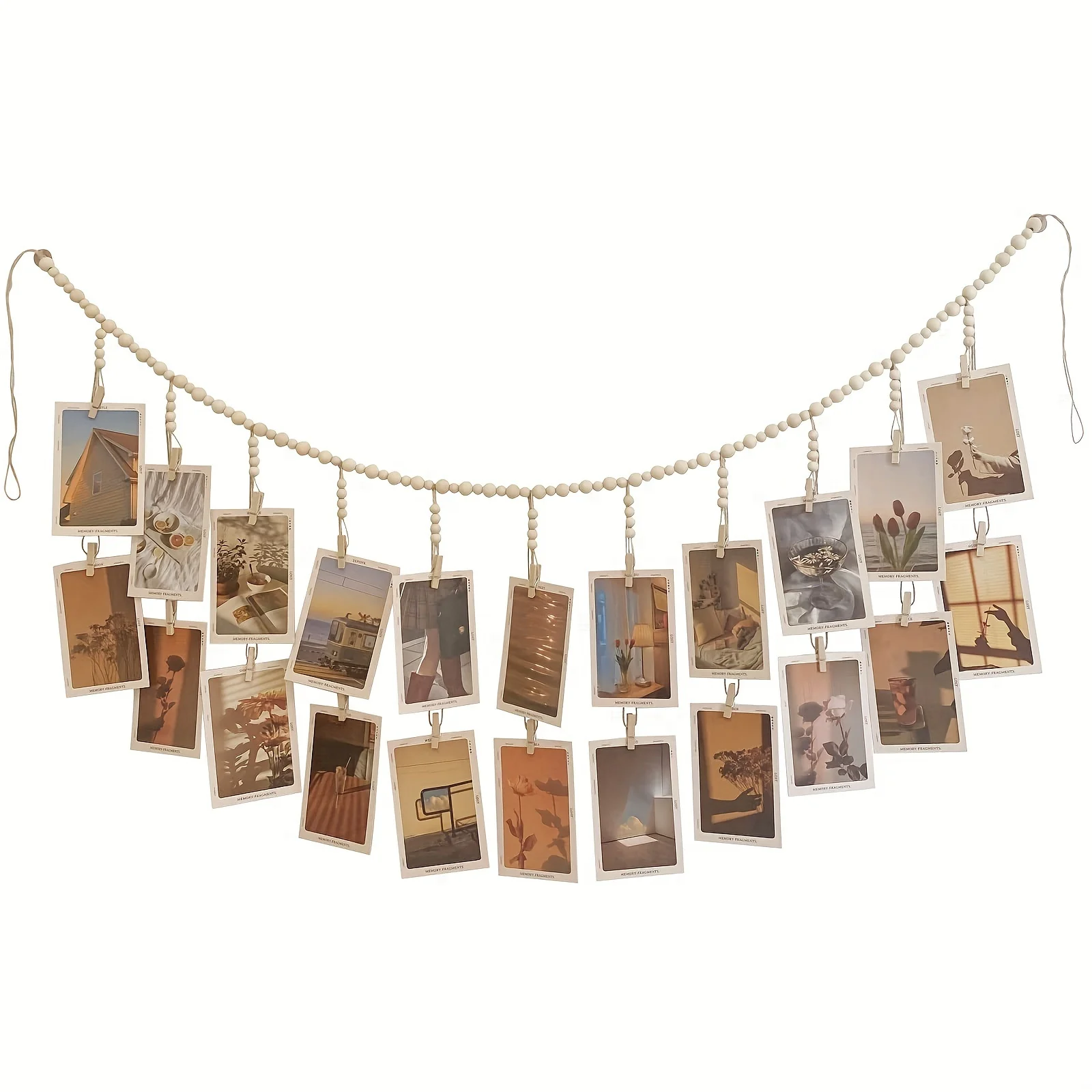 A wall-mounted photo frame decorated with 18 clips and wooden beads - new photo wall, for hanging photos display