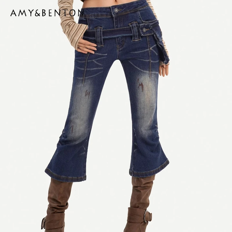 

2026 Spring New Women's Flared Jeans Original Y2K Retro Design Sweet Cool Hot Girl Slimming Cropped Mid-Length Trousers Ladies