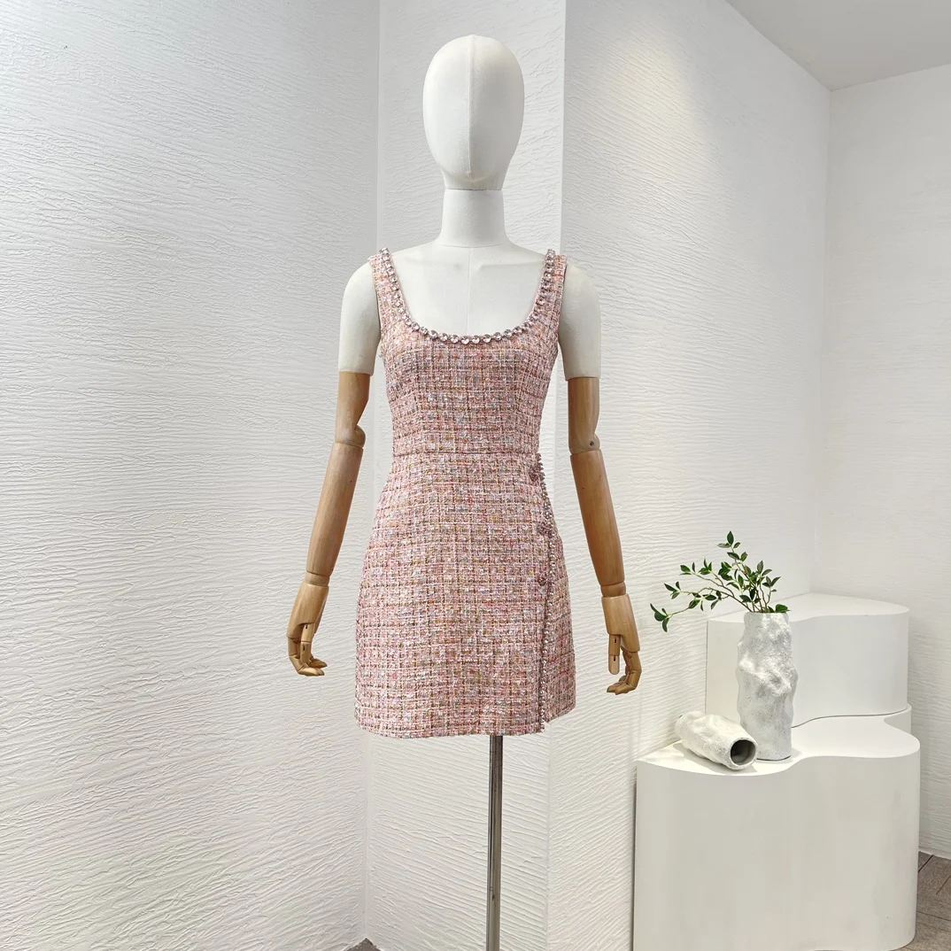 

2024 Early Spring Pink Sleeveless Tweed Diamonds Square Collar Mini Dress