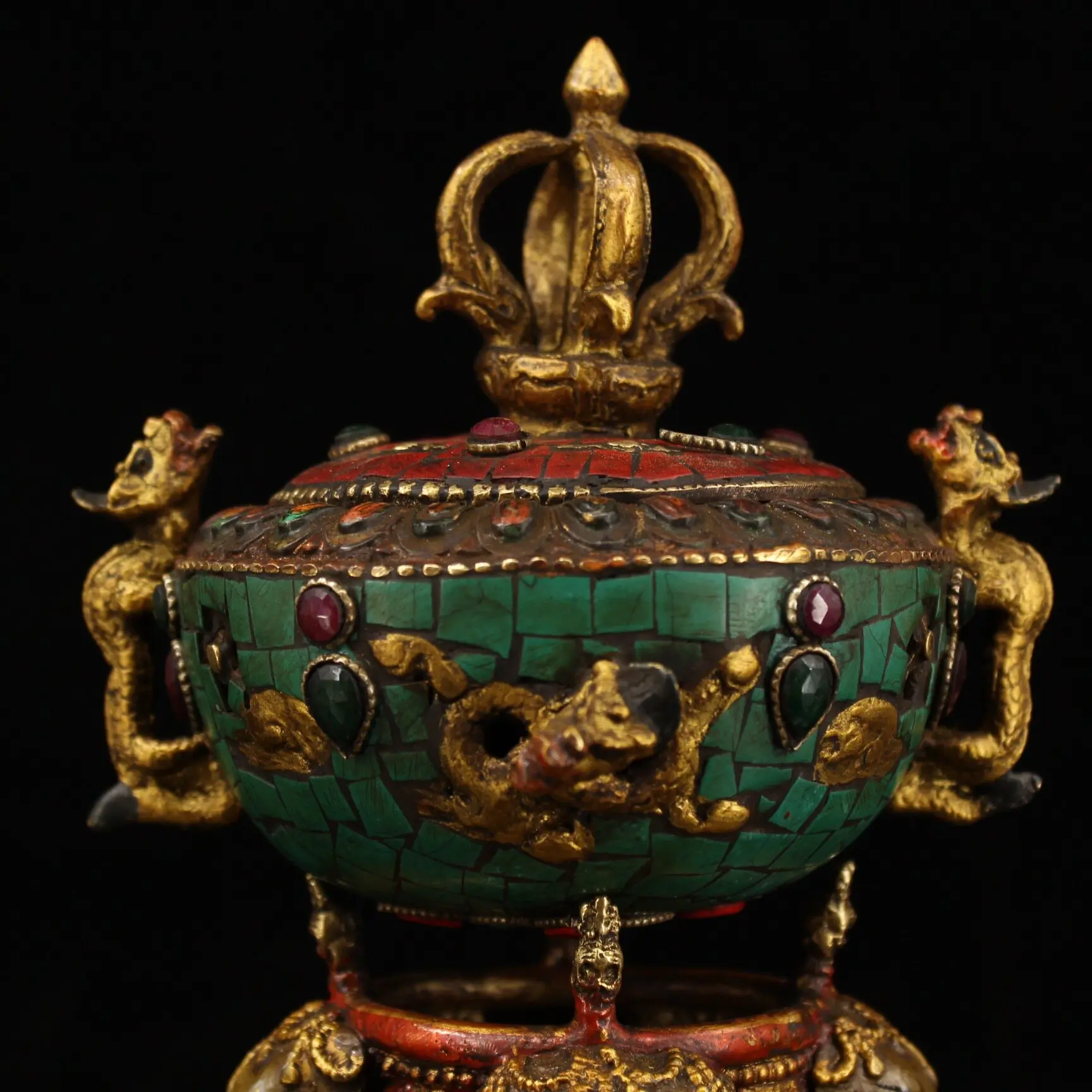 Nepal Handmade Gem Inlaid Turquoise Lacquer Incense Burner Living Room Study Home Decor