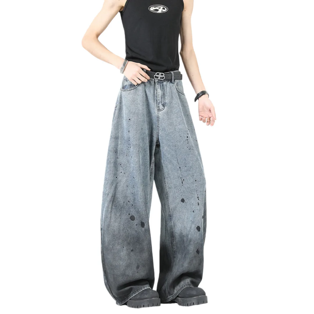 رجل الجينز 2025 الخريف جديد الرجال التدرج ترشيش الجينز ريترو الشارع فيبي منحني شفرة فضفاضة بنطال ذو قصة أرجل واسعة #5