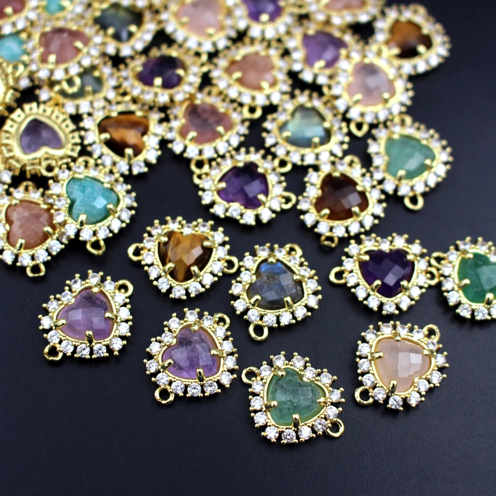6pcs DIY Jewelry Accessories Faceted Heart Shape Natural Amazonite Quartz Stone CZ Pendant Linker Connectors for Necklace