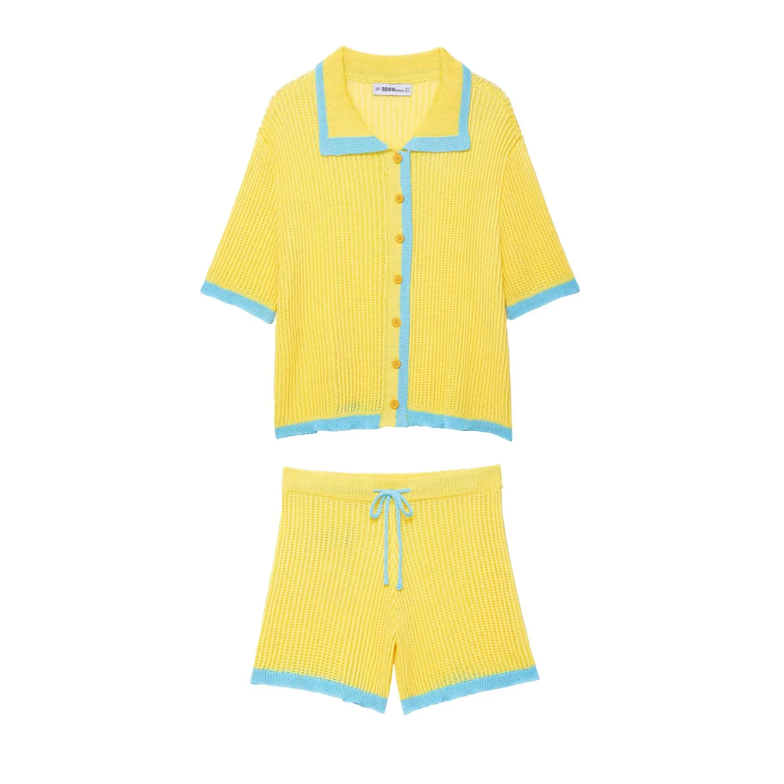 بدلة نسائية محبوكة غير رسمية كلاسيكية بأكمام قصيرة واحدة الصدر شورت برباط موضة جديدة 2025 بدلة شاطئ نسائية صيفية