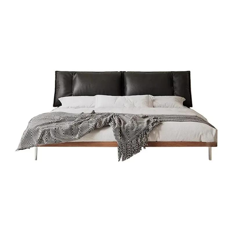 Italian minimalist solid wood leather bed master bedroom first layer cowhide retro double bed ash wood antique wedding bed furni