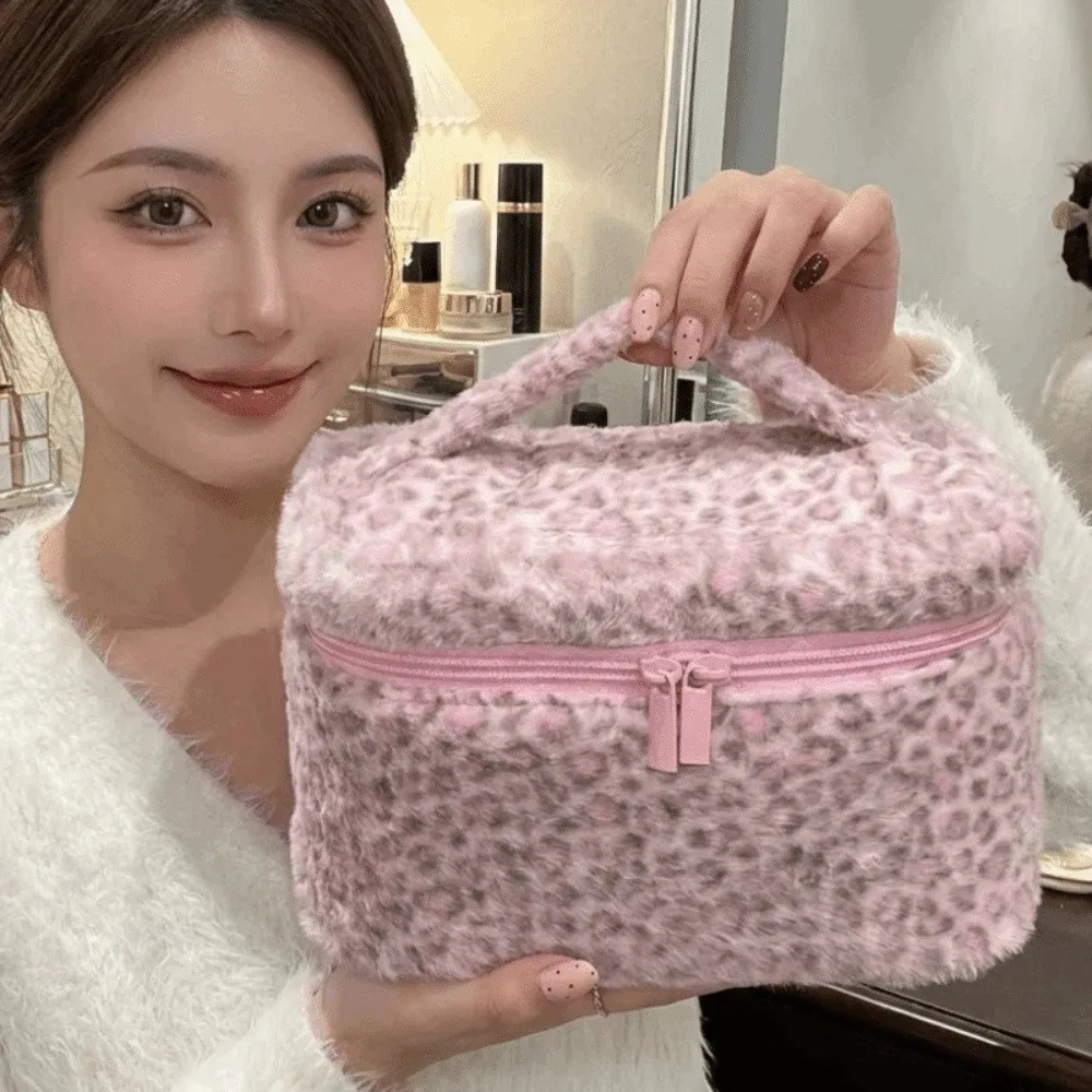 Portable Pink Leopard Print Makeup Bag Large Capacity Top Handle Plush Toiletry Organizer Zipper Smooth Material Cosmetic Bag