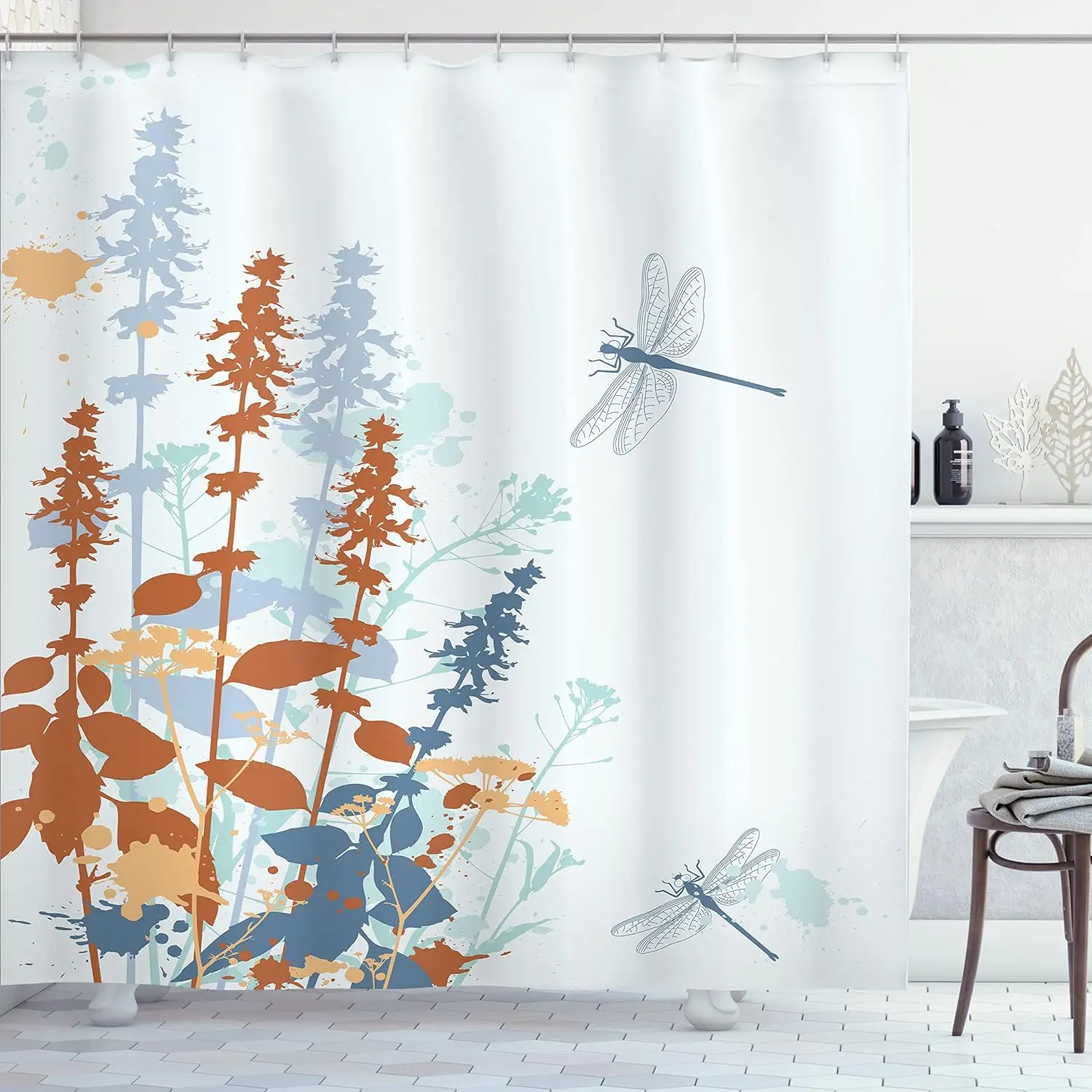 

Watercolor Floral Dragonfly Shower Curtain Floral Botanical Shower Curtain Bathroom Decoration Polyester Fabric Waterproof