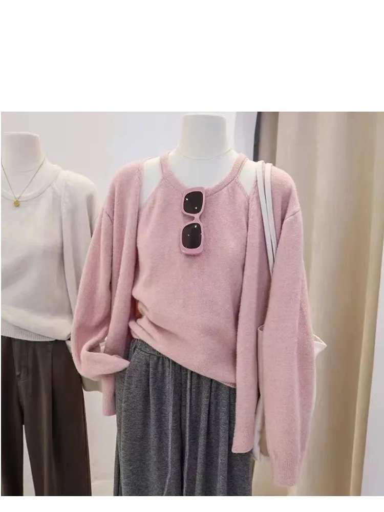 Soft Cozy 2025 Autumn Winter Women's Knitted Sweater Set with Strap Casual Inner Wear Long Sve High Collar Loose Fit Faion